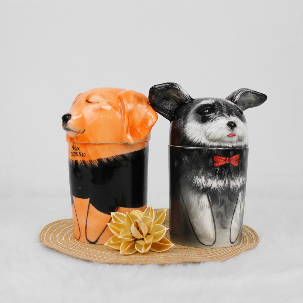 Handcrafted dog likeness urn