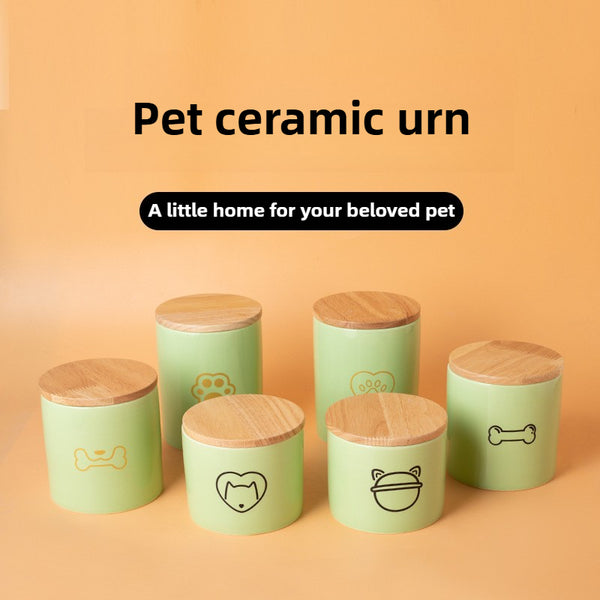 Popular green urn cat and dog large ceramic urn wooden cover sealed waterproof funeral supplies pet