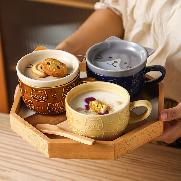 ins Haraju-style ceramic relief cat wide-mouthed cup with lid, multi-purpose breakfast oat milk cute gift porcelain cup