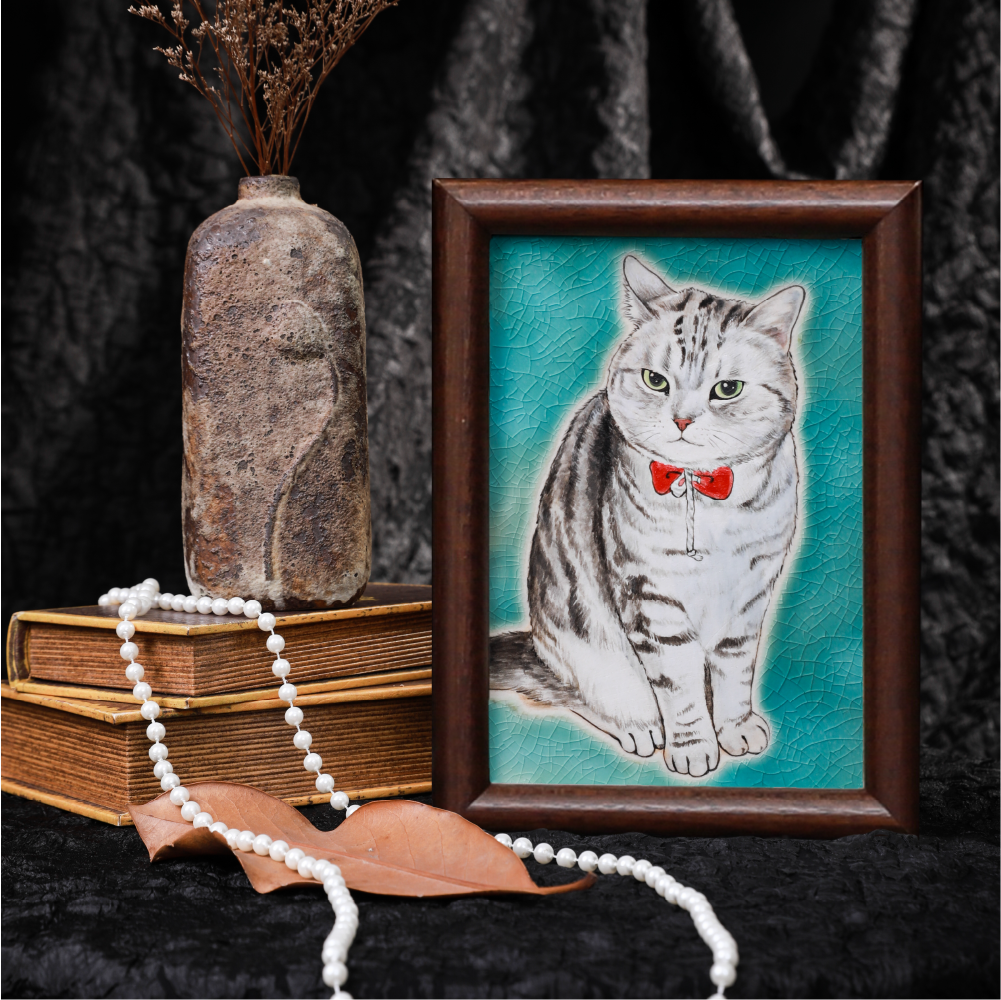 Custom ceramic cat portrait painting in frame with beads