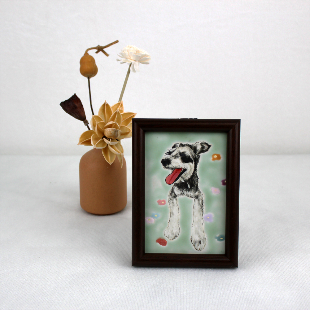 Hand painted ceramic dog portrait on woven background