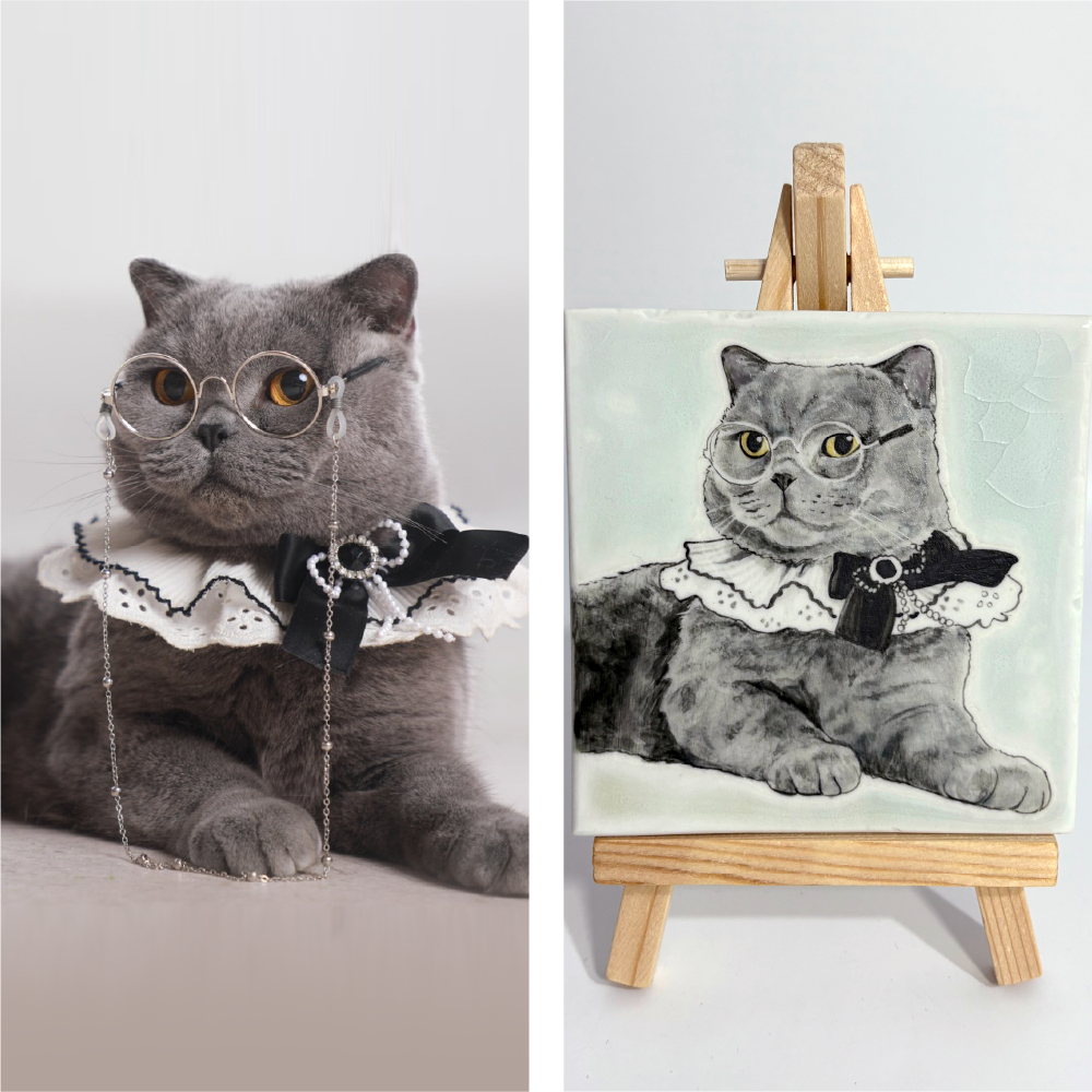 Personalized ceramic cat portrait painting on easel