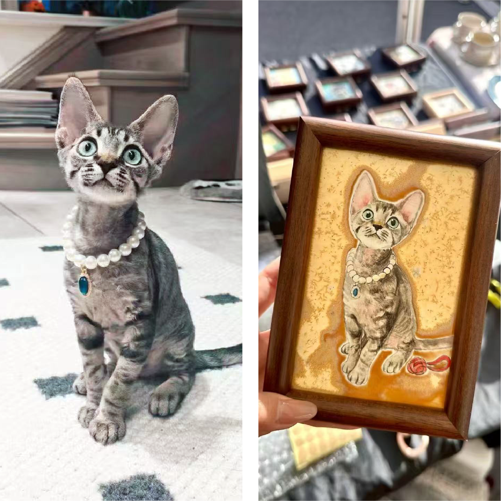 Custom ceramic cat portrait artwork displayed with real cat