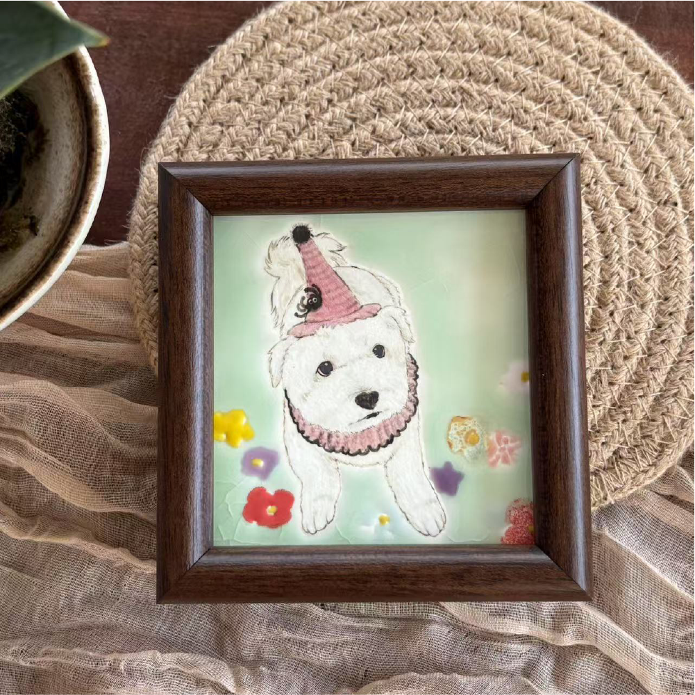 Custom ceramic pet portrait canvas with dog photo reference