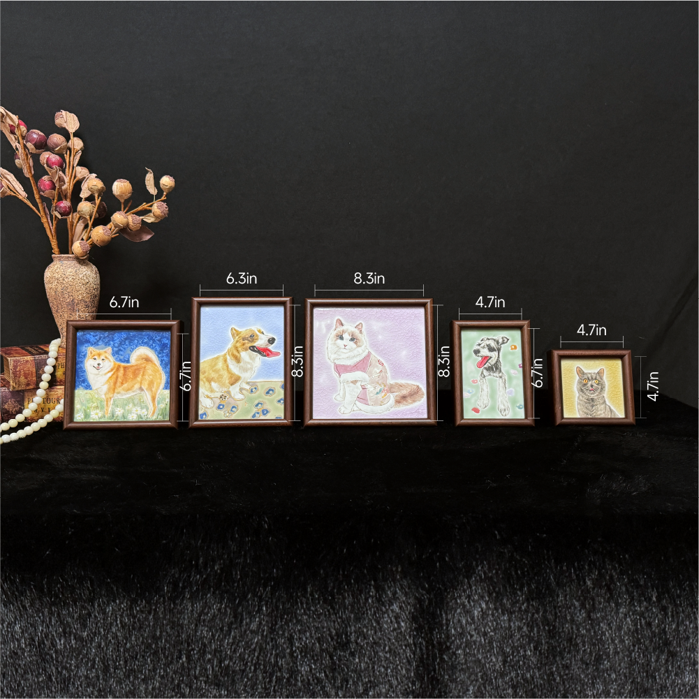 Multiple custom ceramic pet portraits displayed in frames