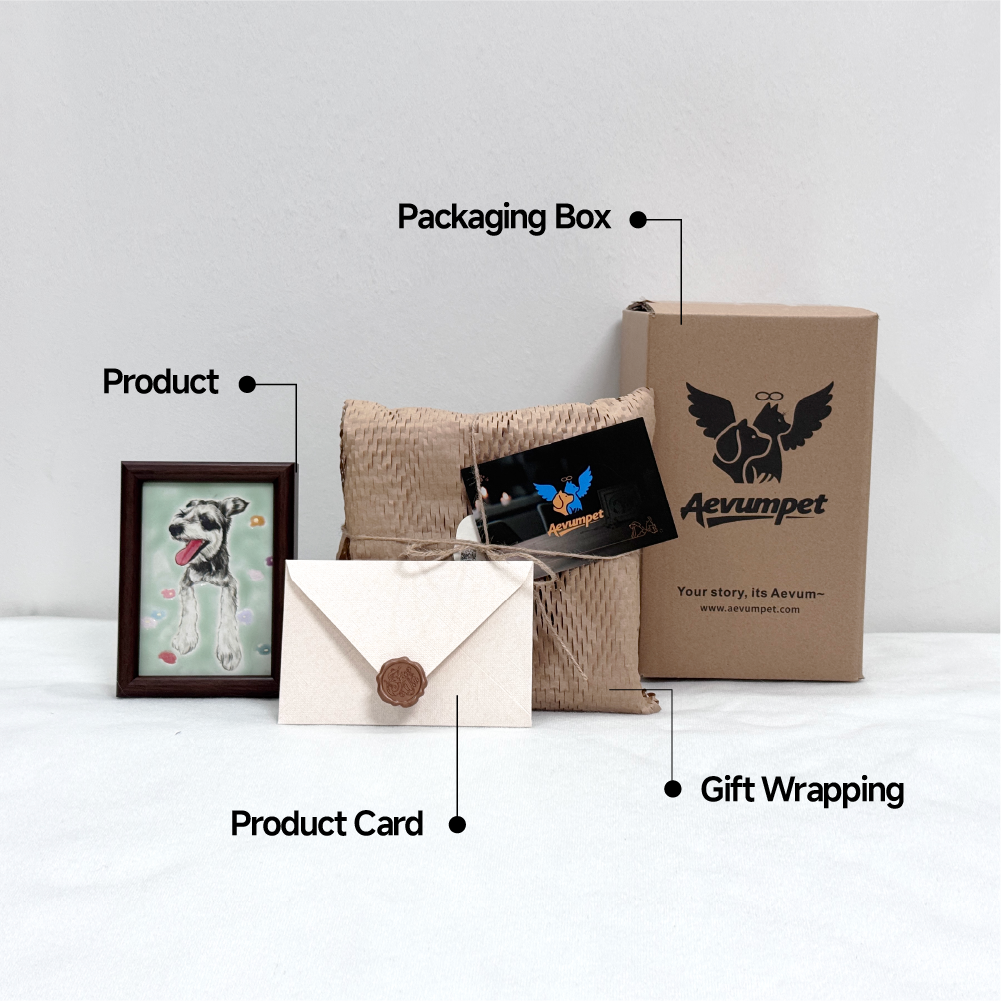 Gift packaging with ceramic pet portrait and accessories