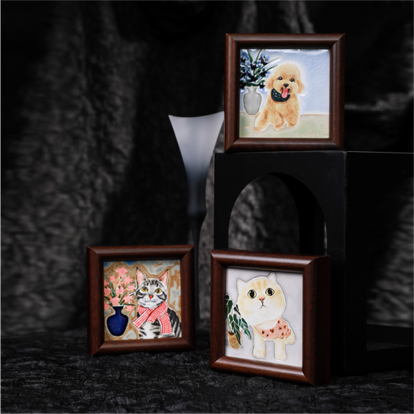 Custom ceramic pet portrait paintings of dogs and cats in frames