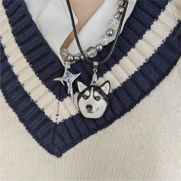 custom hand-painted pet plaster necklace worn on neck
